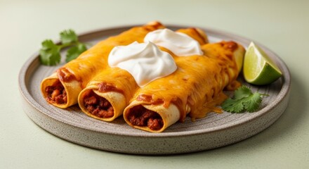 Three delicious enchiladas topped with melted cheese, sour cream, and garnished with cilantro, served on a plate with a slice of lime.