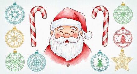 A cheerful depiction of Santa Claus, candy canes, and decorative Christmas ornaments, showcasing a festive and whimsical design in soft watercolor hues.