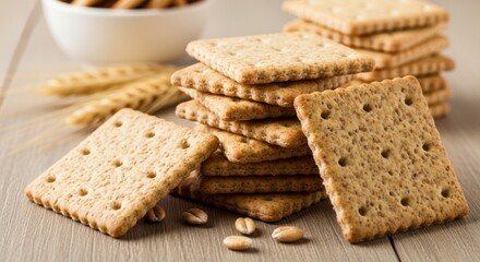 Stacks of wholesome whole-grain crackers sit on a light wooden surface, accented by scattered grains.