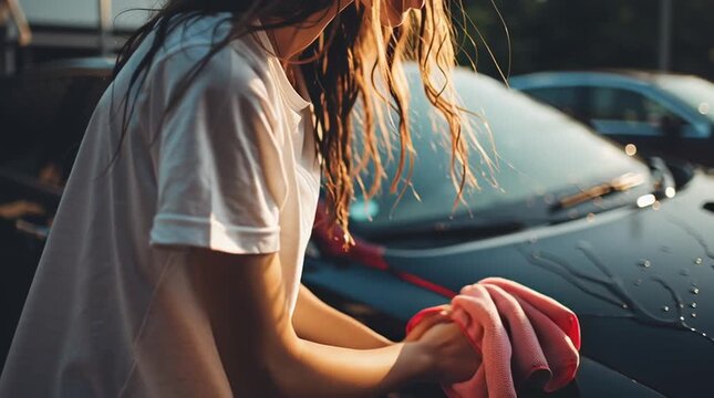 Professional female carefully cleaning car exterior with pink microfiber, wiping wet surface during warm golden hour sunlight