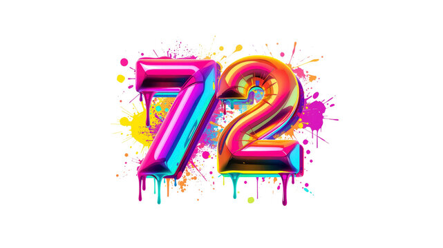 Colorful Number 72 with Paint Splatter Background - Birthday, Anniversary, Celebration Design