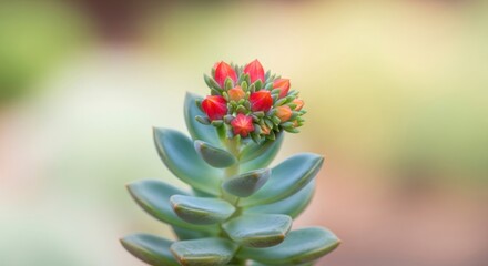 A close-up view of a succulent plant with vibrant red-orange flower clusters, showcasing soft, muted pastel background colors.