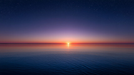 静かな外洋と星空に広がる夜明けの光