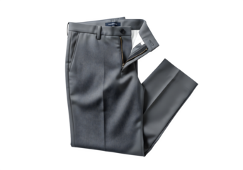 Stylish grey dress pants for men isolated on transparent background, featuring a subtle textured pattern, perfect for a sophisticated and modern look
