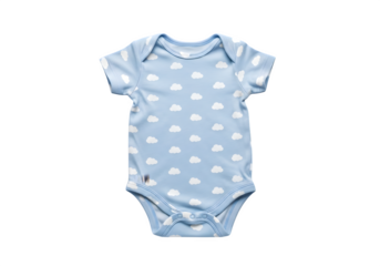 Blue baby bodysuit with white cloud pattern isolated on transparent background, a soft and comfortable outfit for infants and newborns