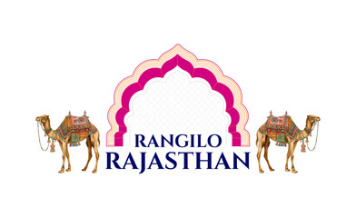 Traditional Rajasthan logo design with royal arch, decorated camels, and vibrant cultural theme, perfect for tourism and branding.