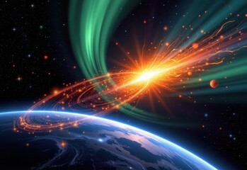 Obraz premium visualize the magnetosphere teaming with the ionosphere to resist solar wind, generating spectacular auroral displays, swirling charged particles