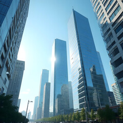 Fototapeta premium Modern glass skyscrapers reflecting sky and city. Contemporary high-rise office buildings in business district