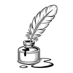 Elegant Feather Quill Pen in Ink Bottle Illustration – Vintage Writing Tool, Calligraphy, Artistic Stationery Coloring page