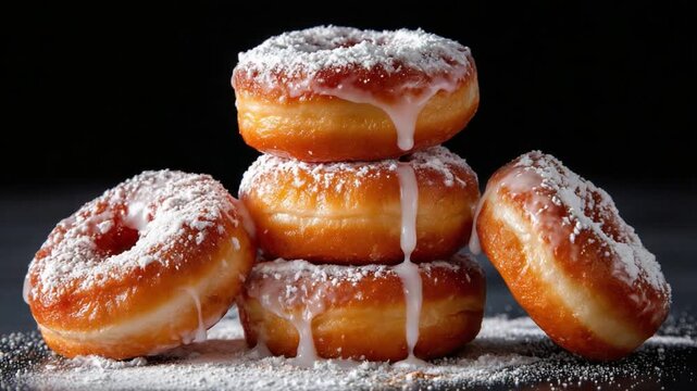 Glazed Doughnut Delight: A tempting close-up of freshly baked, glazed doughnuts, stacked in a perfect tower, promising a sweet moment.