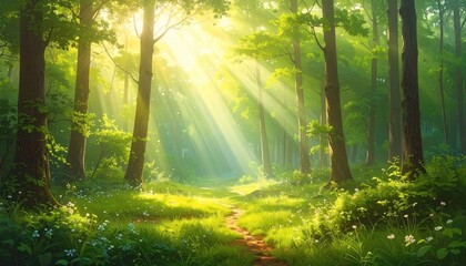 Obraz premium Sunlight Streaming Through Green Forest Canopy with Path and Lush Ground Cover in a Serene Woodland Setting
