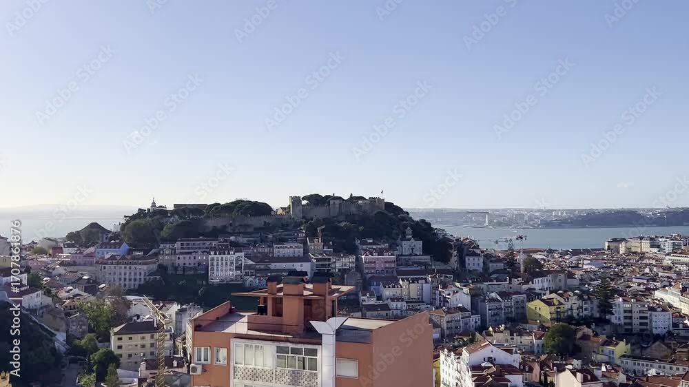 Poster lisbon. panoramic view of lisbon from the upper part of the city with the tajo river in the backgrou