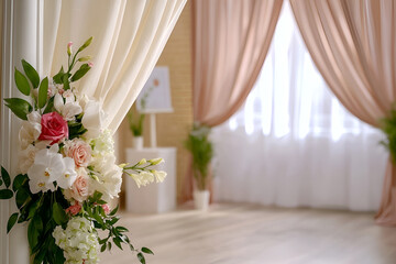 Elegant wedding ceremony or reception venue with floral decor and draped curtains
