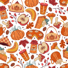 Autumn seamless vector pattern. Tasty pie, teapot, coffee, seasonal jam. Pumpkin harvest, vegetable pieces, garden apple, mushrooms, colorful leaves. Cozy background for Thanksgiving, fall festival