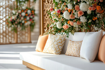 Elegant floral wedding backdrop with luxurious seating, mandap