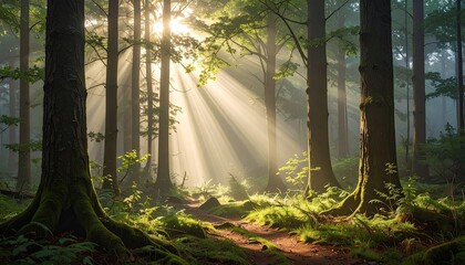 Obraz premium Sunlight Streaming Through Trees in Forest with Green Foliage and Ground Cover Morning Haze and Lush Greenery Creating Ethereal and Tranquil Atmosphere
