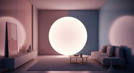 Modern living room with large oval lamp and soft ambient lighting