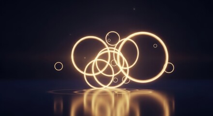 Abstract golden rings of light intertwined against a dark background