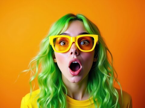 Mujer joven con cabello verde y gafas de sol amarillas, con expresi&oacute;n de sorpresa. Boca abierta, ojos desorbitados sobre un fondo naranja brillante