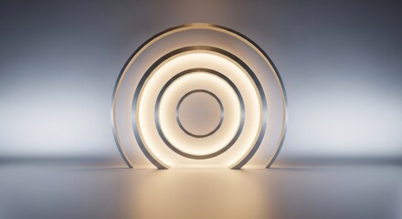 Illuminated oval sculpture with concentric rings and golden accents