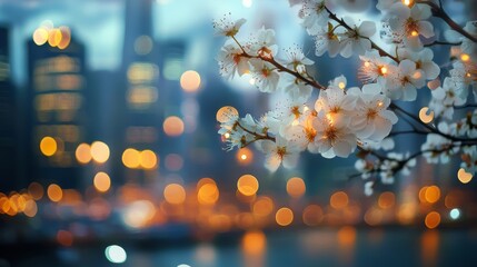 Delicate white blossom flowers overlapping urban skyline with beautiful bokeh lights