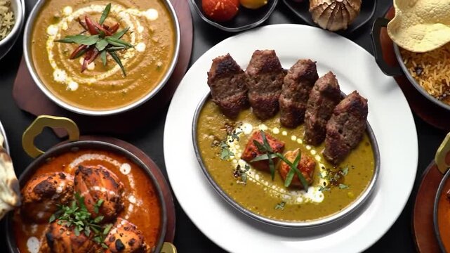 Variety of Indian foods including kebabs, naan bread, dal makhani, and butter chicken with rice, papadums, and sweets. Colorful presentation on tablecloth