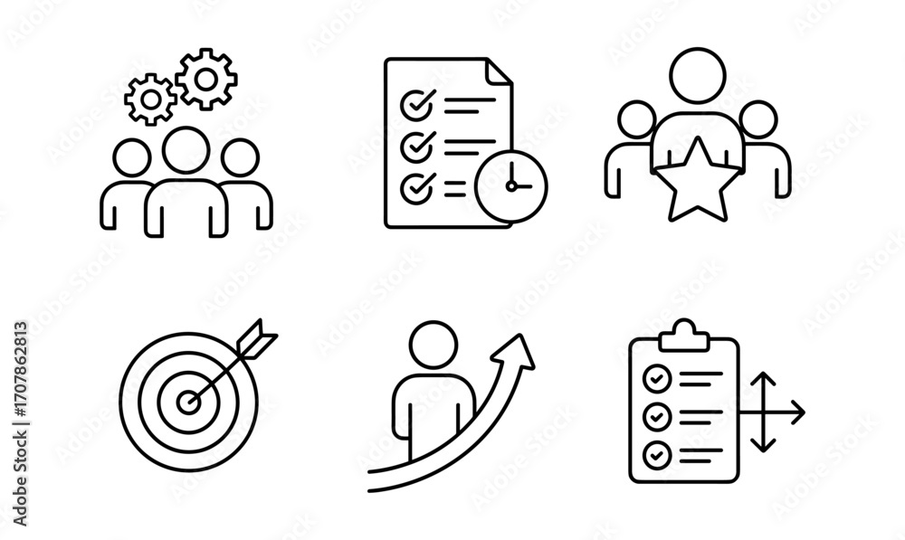 Poster office line icons for productivity and teamwork concepts - ideal for business design, web, and print