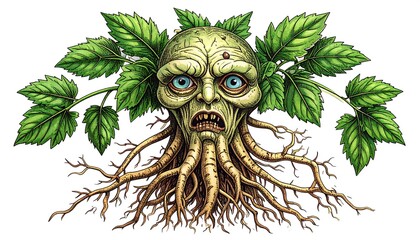 Grotesque Tree-Creature with Green Leaves and Exposed Roots