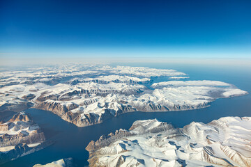 Aerial view of snowy fjords on Baffin Island, Nunavut, Canada