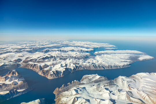 Aerial view of snowy fjords on Baffin Island, Nunavut, Canada