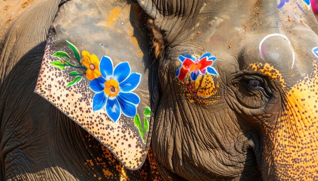 Colorful floral art painted on an Asian elephants ear.
