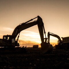 Construction equipment at sunset