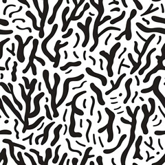Abstract seamless pattern with black irregular organic shapes resembling coral or branching structures on a white background