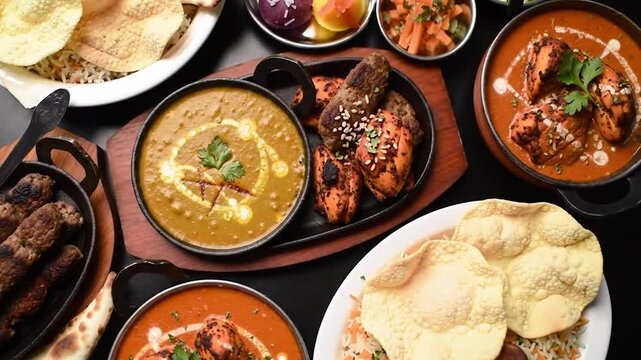 Variety of Indian foods including kebabs, naan bread, dal makhani, and butter chicken with rice, papadums, and sweets. Colorful presentation on tablecloth