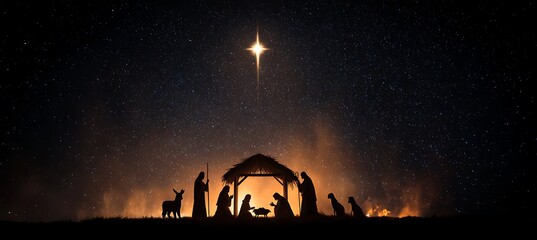 Nativity scene with the holy family in a manger under the star of bethlehem at night
