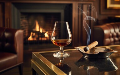 Luxurious lounge with whiskey glass, smoking cigar, leather armchair, and fireplace — cozy vintage interior for relaxation, masculine lifestyle, and elegant evening ambiance