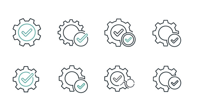 Set of six line art icons depicting gears with checkmarks, suggesting successful processes or tasks.