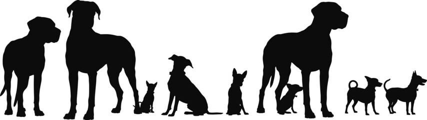 Dog breed silhouettes, black icons, pet diversity, canine shapes, animal graphic, large and small dogs, posture variety, breed comparison, stylized set