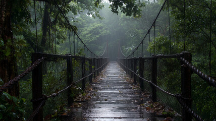 Obraz premium 雨上がりに濡れた森の吊り橋