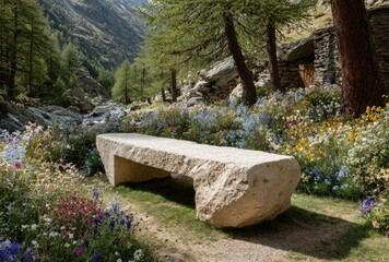 Rustic stone bench in alpine garden