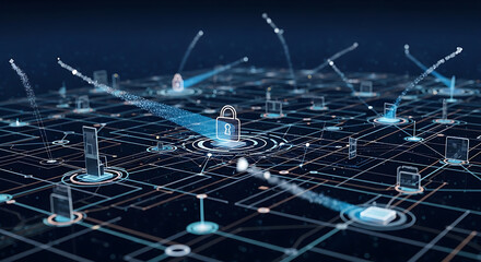Abstract network security concept with padlock and connecting devices on a dark blue background ai generated