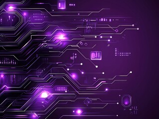Abstract technology background featuring circuit board design with purple neon lights and digital elements in a futuristic style