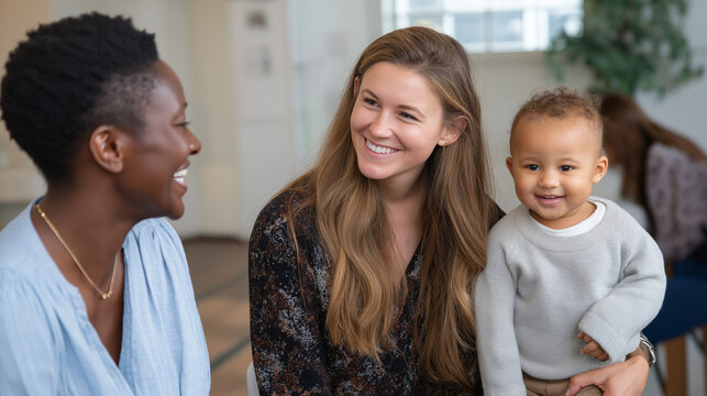 Diverse parenting workshop with interracial families and plus-size caregivers sharing tips, diversity, inclusivity, interracial couples, plus-size models, parenting workshop.