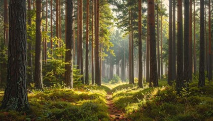Naklejka premium Sunlit Forest Path with Tall Pine Trees and Lush Green Undergrowth Golden Hour Sunlight Filtering Through Trees Creating Warm Glow Scenic Landscape