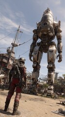 A colossal mechanized suit stands beside a smaller figure in a dusty, port-like setting, with a partially visible ship in the background under a bright sky
