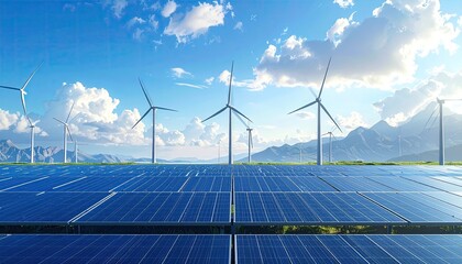 Panoramic View of Wind Turbines and Solar Panels Under a Bright Blue Sky with Fluffy Clouds in a Mountainous Landscape on Sunny Day