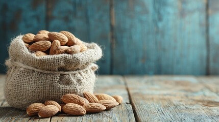 Sack of assorted nuts and bagged almonds displayed on a rustic wooden table