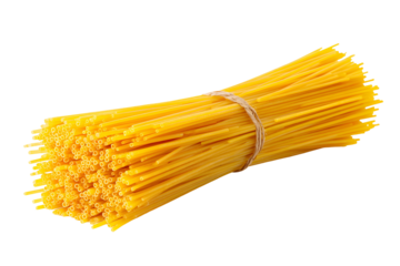 Dried spaghetti pasta bundle tied with twine on black background