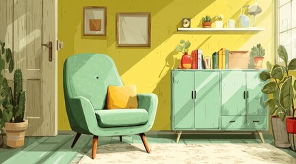 Obraz premium Sunny, cozy room with teal armchair
