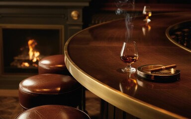 Fototapeta premium Stylized upscale bar interior featuring amber liquor, brass-trimmed counter, cigar smoke and cozy firelight. Sophisticated illustration for packaging or digital products.